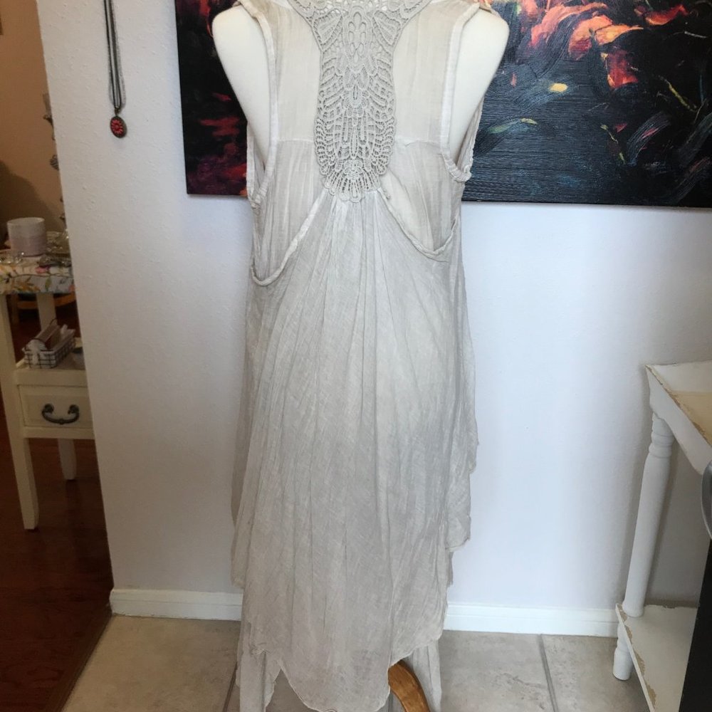 Asymmetrical Sleeveless 2 Piece Gauzy Layered DressBeige with Crochet Detail M